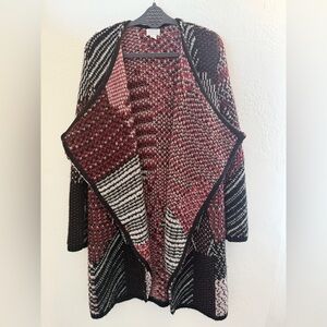 Caslon Wool Blend Patchwork Open Front Cardigan Sweater Medium Burgundy black